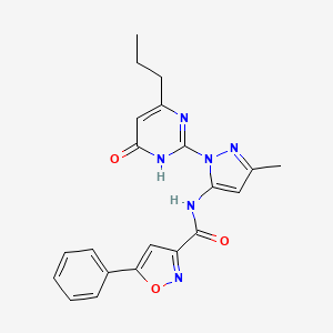 molecular formula C21H20N6O3 B14092498 N-(3-methyl-1-(6-oxo-4-propyl-1,6-dihydropyrimidin-2-yl)-1H-pyrazol-5-yl)-5-phenylisoxazole-3-carboxamide 