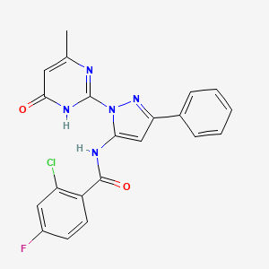 molecular formula C21H15ClFN5O2 B14092782 2-chloro-4-fluoro-N-(1-(4-methyl-6-oxo-1,6-dihydropyrimidin-2-yl)-3-phenyl-1H-pyrazol-5-yl)benzamide 