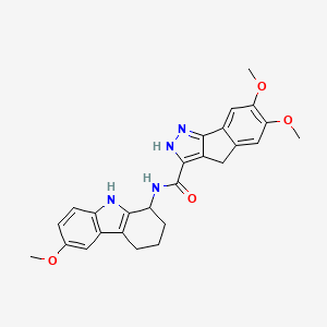 molecular formula C26H26N4O4 B14096499 6,7-dimethoxy-N-(6-methoxy-2,3,4,9-tetrahydro-1H-carbazol-1-yl)-1,4-dihydroindeno[1,2-c]pyrazole-3-carboxamide 