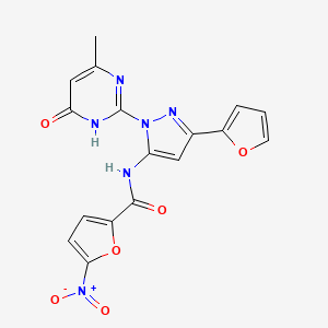 molecular formula C17H12N6O6 B14097442 N-(3-(furan-2-yl)-1-(4-methyl-6-oxo-1,6-dihydropyrimidin-2-yl)-1H-pyrazol-5-yl)-5-nitrofuran-2-carboxamide 