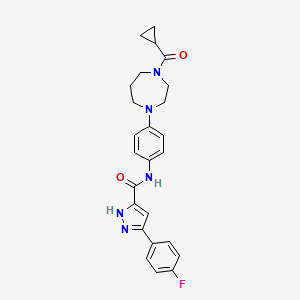 molecular formula C25H26FN5O2 B14097672 N-(4-(4-(cyclopropanecarbonyl)-1,4-diazepan-1-yl)phenyl)-3-(4-fluorophenyl)-1H-pyrazole-5-carboxamide 