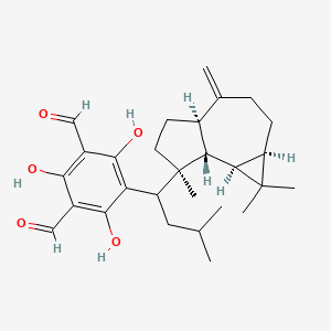 molecular formula C28H38O5 B14098001 5-[1-[(1aR,4aR,7S,7aR,7bR)-1,1,7-trimethyl-4-methylidene-1a,2,3,4a,5,6,7a,7b-octahydrocyclopropa[h]azulen-7-yl]-3-methylbutyl]-2,4,6-trihydroxybenzene-1,3-dicarbaldehyde 