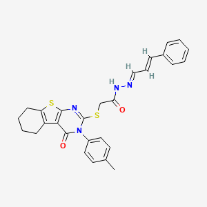 molecular formula C28H26N4O2S2 B14098602 (E)-2-((4-oxo-3-(p-tolyl)-3,4,5,6,7,8-hexahydrobenzo[4,5]thieno[2,3-d]pyrimidin-2-yl)thio)-N'-((E)-3-phenylallylidene)acetohydrazide 