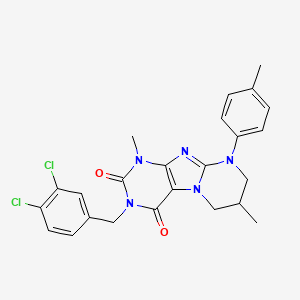 molecular formula C24H23Cl2N5O2 B14098928 3-(3,4-dichlorobenzyl)-1,7-dimethyl-9-(4-methylphenyl)-6,7,8,9-tetrahydropyrimido[2,1-f]purine-2,4(1H,3H)-dione 