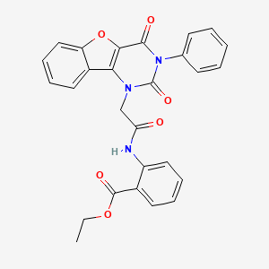 molecular formula C27H21N3O6 B14098990 ethyl 2-(2-(2,4-dioxo-3-phenyl-3,4-dihydrobenzofuro[3,2-d]pyrimidin-1(2H)-yl)acetamido)benzoate 