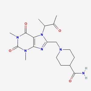 molecular formula C18H26N6O4 B14099368 1-{[1,3-dimethyl-2,6-dioxo-7-(3-oxobutan-2-yl)-2,3,6,7-tetrahydro-1H-purin-8-yl]methyl}piperidine-4-carboxamide 