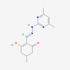 molecular formula C14H18N4O2 B14099478 2-{(E)-[2-(4,6-dimethylpyrimidin-2-yl)hydrazinylidene]methyl}-3-hydroxy-5-methylcyclohex-2-en-1-one 