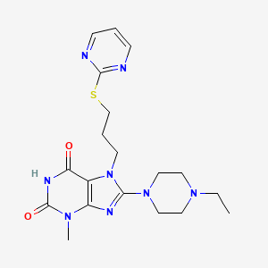 molecular formula C19H26N8O2S B14099778 8-(4-Ethylpiperazin-1-yl)-3-methyl-7-(3-pyrimidin-2-ylsulfanylpropyl)purine-2,6-dione 