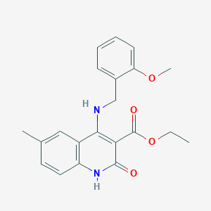 molecular formula C21H22N2O4 B14100701 Ethyl 4-((2-methoxybenzyl)amino)-6-methyl-2-oxo-1,2-dihydroquinoline-3-carboxylate 