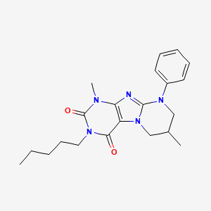 molecular formula C21H27N5O2 B14101889 1,7-dimethyl-3-pentyl-9-phenyl-6,7,8,9-tetrahydropyrimido[2,1-f]purine-2,4(1H,3H)-dione 