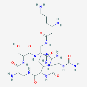 molecular formula C25H44N14O8 B14102642 (3S)-3,6-diamino-N-[[(2S,5S,8E,11S,15S)-15-amino-11-[(4R)-2-amino-3,4,5,6-tetrahydropyrimidin-4-yl]-8-[(carbamoylamino)methylidene]-2-(hydroxymethyl)-3,6,9,12,16-pentaoxo-1,4,7,10,13-pentazacyclohexadec-5-yl]methyl]hexanamide 