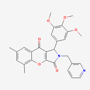 molecular formula C28H26N2O6 B14104345 5,7-Dimethyl-2-(pyridin-3-ylmethyl)-1-(3,4,5-trimethoxyphenyl)-1,2-dihydrochromeno[2,3-c]pyrrole-3,9-dione 