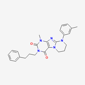 molecular formula C25H27N5O2 B14104660 1-methyl-9-(3-methylphenyl)-3-(3-phenylpropyl)-6,7,8,9-tetrahydropyrimido[2,1-f]purine-2,4(1H,3H)-dione 