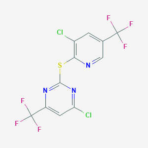 B1410532 4-Chloro-2-((3-chloro-5-(trifluoromethyl)pyridin-2-yl)thio)-6-(trifluoromethyl)pyrimidine CAS No. 1823183-75-0