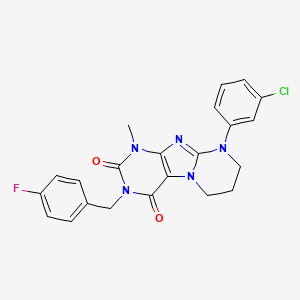 molecular formula C22H19ClFN5O2 B14107267 9-(3-chlorophenyl)-3-(4-fluorobenzyl)-1-methyl-6,7,8,9-tetrahydropyrimido[2,1-f]purine-2,4(1H,3H)-dione 