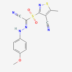 molecular formula C14H11N5O3S2 B14110737 (1E)-1-[(4-cyano-5-methyl-1,2-thiazol-3-yl)sulfonyl]-N-(4-methoxyanilino)methanimidoyl cyanide 