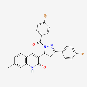 molecular formula C26H19Br2N3O2 B14111187 3-(1-(4-bromobenzoyl)-3-(4-bromophenyl)-4,5-dihydro-1H-pyrazol-5-yl)-7-methylquinolin-2(1H)-one 