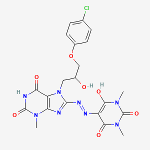 molecular formula C21H21ClN8O7 B14113198 5-(2-(7-(3-(4-chlorophenoxy)-2-hydroxypropyl)-3-methyl-2,6-dioxo-2,3,6,7-tetrahydro-1H-purin-8-yl)hydrazono)-1,3-dimethylpyrimidine-2,4,6(1H,3H,5H)-trione 