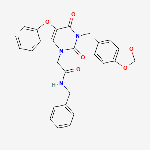 molecular formula C27H21N3O6 B14113421 2-(3-(benzo[d][1,3]dioxol-5-ylmethyl)-2,4-dioxo-3,4-dihydrobenzofuro[3,2-d]pyrimidin-1(2H)-yl)-N-benzylacetamide 