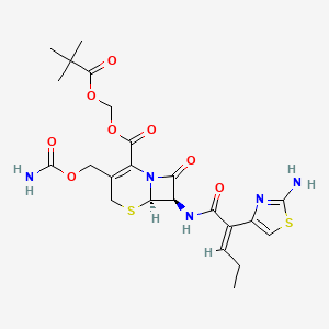 molecular formula C23H29N5O8S2 B14113685 2,2-dimethylpropanoyloxymethyl (6R,7R)-7-[[(E)-2-(2-amino-1,3-thiazol-4-yl)pent-2-enoyl]amino]-3-(carbamoyloxymethyl)-8-oxo-5-thia-1-azabicyclo[4.2.0]oct-2-ene-2-carboxylate 