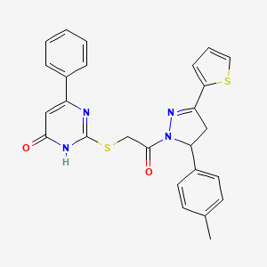 molecular formula C26H22N4O2S2 B14114396 2-((2-oxo-2-(3-(thiophen-2-yl)-5-(p-tolyl)-4,5-dihydro-1H-pyrazol-1-yl)ethyl)thio)-6-phenylpyrimidin-4(3H)-one 