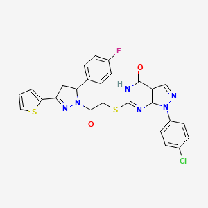 molecular formula C26H18ClFN6O2S2 B14116365 1-(4-chlorophenyl)-6-((2-(5-(4-fluorophenyl)-3-(thiophen-2-yl)-4,5-dihydro-1H-pyrazol-1-yl)-2-oxoethyl)thio)-1H-pyrazolo[3,4-d]pyrimidin-4(5H)-one 