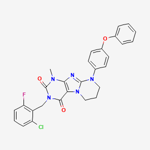 molecular formula C28H23ClFN5O3 B14116688 3-[(2-chloro-6-fluorophenyl)methyl]-1-methyl-9-(4-phenoxyphenyl)-7,8-dihydro-6H-purino[7,8-a]pyrimidine-2,4-dione 