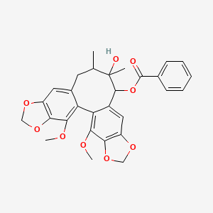 molecular formula C29H28O9 B14116765 (12-Hydroxy-3,22-dimethoxy-12,13-dimethyl-5,7,18,20-tetraoxapentacyclo[13.7.0.02,10.04,8.017,21]docosa-1(22),2,4(8),9,15,17(21)-hexaen-11-yl) benzoate 