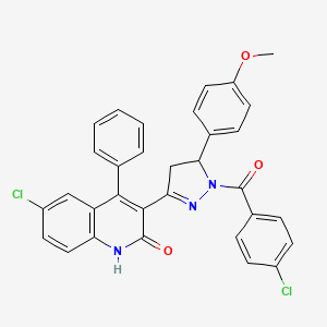 molecular formula C32H23Cl2N3O3 B14116840 6-chloro-3-(1-(4-chlorobenzoyl)-5-(4-methoxyphenyl)-4,5-dihydro-1H-pyrazol-3-yl)-4-phenylquinolin-2(1H)-one 