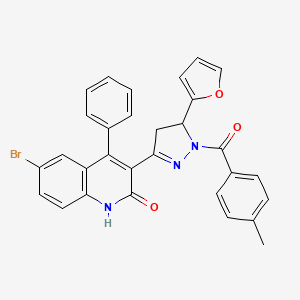 molecular formula C30H22BrN3O3 B14116957 6-bromo-3-(5-(furan-2-yl)-1-(4-methylbenzoyl)-4,5-dihydro-1H-pyrazol-3-yl)-4-phenylquinolin-2(1H)-one 