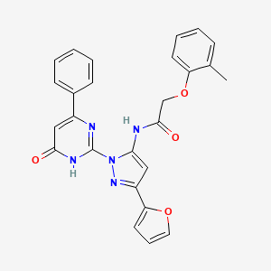 molecular formula C26H21N5O4 B14117339 N-(3-(furan-2-yl)-1-(6-oxo-4-phenyl-1,6-dihydropyrimidin-2-yl)-1H-pyrazol-5-yl)-2-(o-tolyloxy)acetamide 