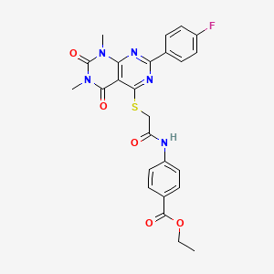 molecular formula C25H22FN5O5S B14119053 Ethyl 4-(2-((2-(4-fluorophenyl)-6,8-dimethyl-5,7-dioxo-5,6,7,8-tetrahydropyrimido[4,5-d]pyrimidin-4-yl)thio)acetamido)benzoate 