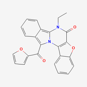 molecular formula C24H16N2O4 B14119333 12-ethyl-20-(furan-2-carbonyl)-9-oxa-1,12-diazapentacyclo[11.7.0.02,10.03,8.014,19]icosa-2(10),3,5,7,13,15,17,19-octaen-11-one 