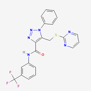 molecular formula C21H15F3N6OS B14119793 1-phenyl-5-((pyrimidin-2-ylthio)methyl)-N-(3-(trifluoromethyl)phenyl)-1H-1,2,3-triazole-4-carboxamide CAS No. 1210273-38-3