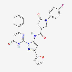 molecular formula C28H21FN6O4 B14119930 1-(4-fluorophenyl)-N-(3-(furan-2-yl)-1-(6-oxo-4-phenyl-1,6-dihydropyrimidin-2-yl)-1H-pyrazol-5-yl)-5-oxopyrrolidine-3-carboxamide 