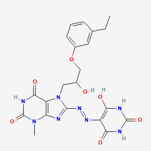 molecular formula C21H22N8O7 B14120178 5-(2-(7-(3-(3-ethylphenoxy)-2-hydroxypropyl)-3-methyl-2,6-dioxo-2,3,6,7-tetrahydro-1H-purin-8-yl)hydrazono)pyrimidine-2,4,6(1H,3H,5H)-trione 