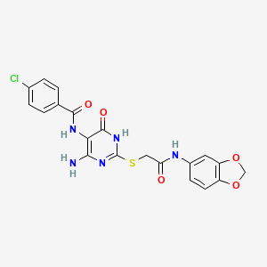 molecular formula C20H16ClN5O5S B14120809 N-(4-amino-2-((2-(benzo[d][1,3]dioxol-5-ylamino)-2-oxoethyl)thio)-6-oxo-1,6-dihydropyrimidin-5-yl)-4-chlorobenzamide 