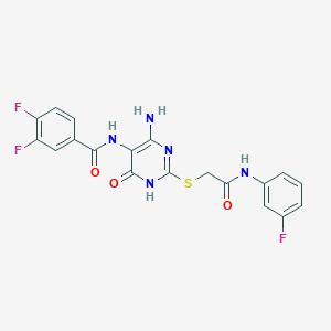 molecular formula C19H14F3N5O3S B14121325 N-(4-amino-2-((2-((3-fluorophenyl)amino)-2-oxoethyl)thio)-6-oxo-1,6-dihydropyrimidin-5-yl)-3,4-difluorobenzamide 