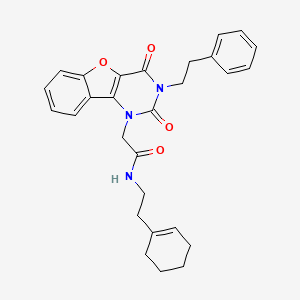 molecular formula C28H29N3O4 B14121328 N-[2-(cyclohex-1-en-1-yl)ethyl]-2-[2,4-dioxo-3-(2-phenylethyl)-3,4-dihydro[1]benzofuro[3,2-d]pyrimidin-1(2H)-yl]acetamide 