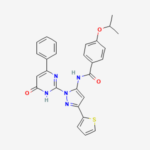 molecular formula C27H23N5O3S B14122215 4-isopropoxy-N-(1-(6-oxo-4-phenyl-1,6-dihydropyrimidin-2-yl)-3-(thiophen-2-yl)-1H-pyrazol-5-yl)benzamide 