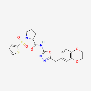 molecular formula C20H20N4O6S2 B14122429 N-(5-((2,3-dihydrobenzo[b][1,4]dioxin-6-yl)methyl)-1,3,4-oxadiazol-2-yl)-1-(thiophen-2-ylsulfonyl)pyrrolidine-2-carboxamide CAS No. 1097625-14-3