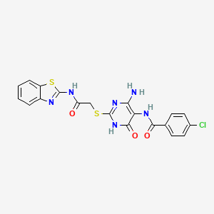 molecular formula C20H15ClN6O3S2 B14122677 N-(4-amino-2-((2-(benzo[d]thiazol-2-ylamino)-2-oxoethyl)thio)-6-oxo-1,6-dihydropyrimidin-5-yl)-4-chlorobenzamide 