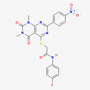 molecular formula C22H17FN6O5S B14123555 2-((6,8-dimethyl-2-(4-nitrophenyl)-5,7-dioxo-5,6,7,8-tetrahydropyrimido[4,5-d]pyrimidin-4-yl)thio)-N-(4-fluorophenyl)acetamide 