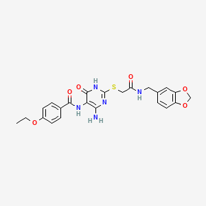 molecular formula C23H23N5O6S B14124162 N-(4-amino-2-((2-((benzo[d][1,3]dioxol-5-ylmethyl)amino)-2-oxoethyl)thio)-6-oxo-1,6-dihydropyrimidin-5-yl)-4-ethoxybenzamide 