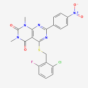 molecular formula C21H15ClFN5O4S B14124458 5-((2-chloro-6-fluorobenzyl)thio)-1,3-dimethyl-7-(4-nitrophenyl)pyrimido[4,5-d]pyrimidine-2,4(1H,3H)-dione 