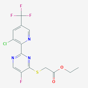molecular formula C14H10ClF4N3O2S B1412472 Ethyl 2-((2-(3-chloro-5-(trifluoromethyl)pyridin-2-yl)-5-fluoropyrimidin-4-yl)thio)acetate CAS No. 1823182-35-9