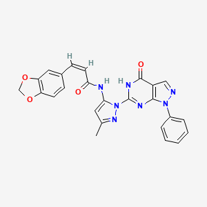 molecular formula C25H19N7O4 B14125963 (Z)-3-(benzo[d][1,3]dioxol-5-yl)-N-(3-methyl-1-(4-oxo-1-phenyl-4,5-dihydro-1H-pyrazolo[3,4-d]pyrimidin-6-yl)-1H-pyrazol-5-yl)acrylamide 