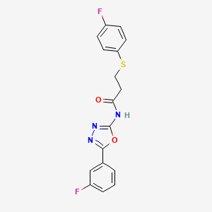 molecular formula C17H13F2N3O2S B14125964 N-(5-(3-fluorophenyl)-1,3,4-oxadiazol-2-yl)-3-((4-fluorophenyl)thio)propanamide CAS No. 1172356-94-3