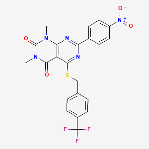 molecular formula C22H16F3N5O4S B14126145 1,3-dimethyl-7-(4-nitrophenyl)-5-((4-(trifluoromethyl)benzyl)thio)pyrimido[4,5-d]pyrimidine-2,4(1H,3H)-dione 