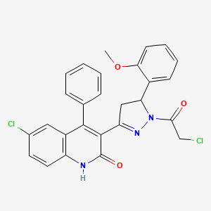 molecular formula C27H21Cl2N3O3 B14126228 6-chloro-3-(1-(2-chloroacetyl)-5-(2-methoxyphenyl)-4,5-dihydro-1H-pyrazol-3-yl)-4-phenylquinolin-2(1H)-one 